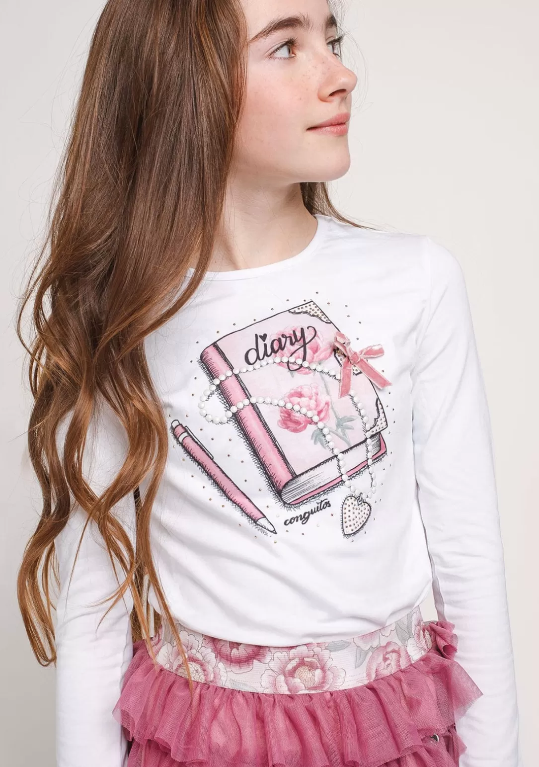 camiseta_nia_blanca_diario_2.webp Conguitos Camisetas | Camisetas Manga Larga^Camiseta Niña Blanca Diario