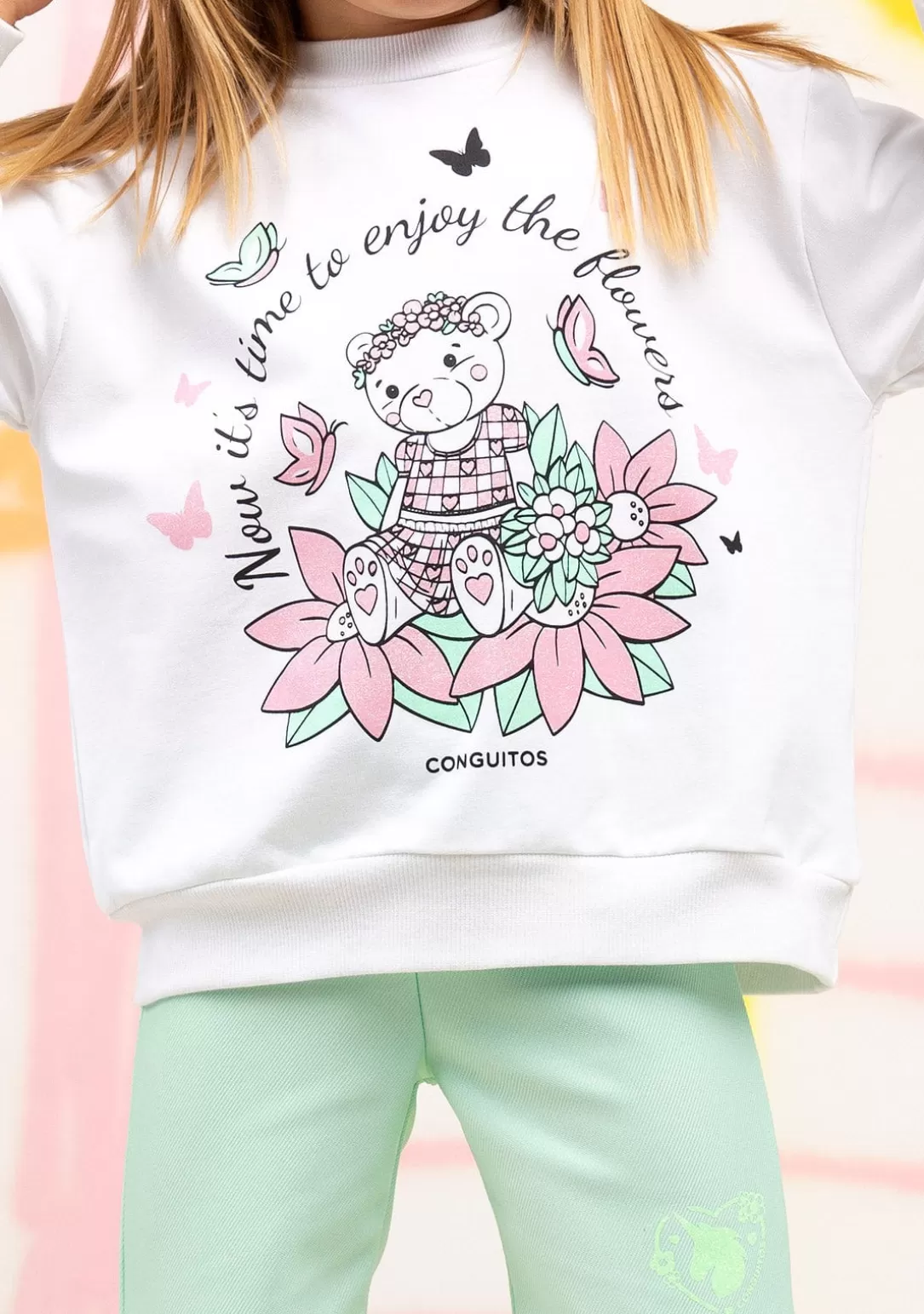 sudadera_de_nia_blanco_oso_glitter_flores_5.webp Conguitos Sudaderas^Sudadera De Niña Blanco Oso Glitter Flores