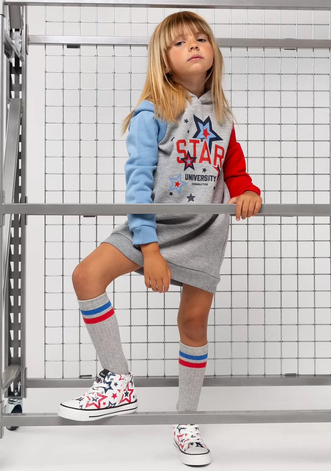 vestido_de_nia_color_block_capucha_gris_5.webp Conguitos Vestidos Sudadera | Vestidos^Vestido De Niña Color Block Capucha Gris