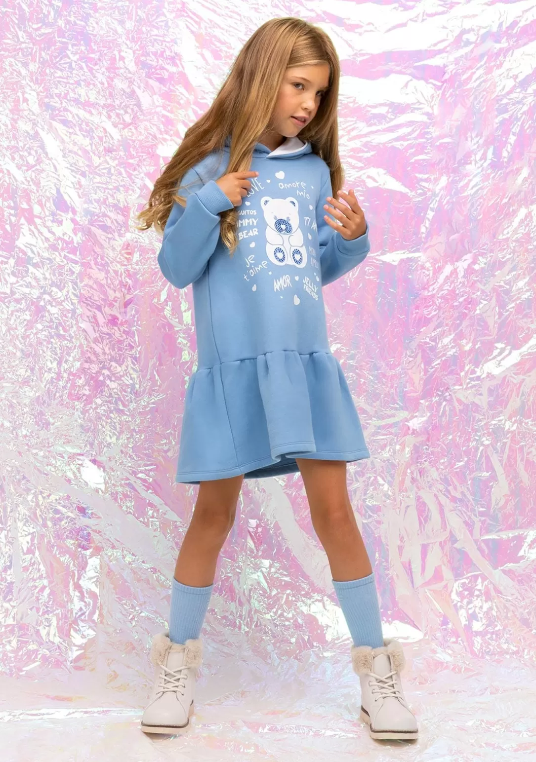 vestido_nia_capucha_osito_pedrera_azul_2.webp Conguitos Vestidos Sudadera | Vestidos^Vestido Niña Capucha Osito Pedrería Azul