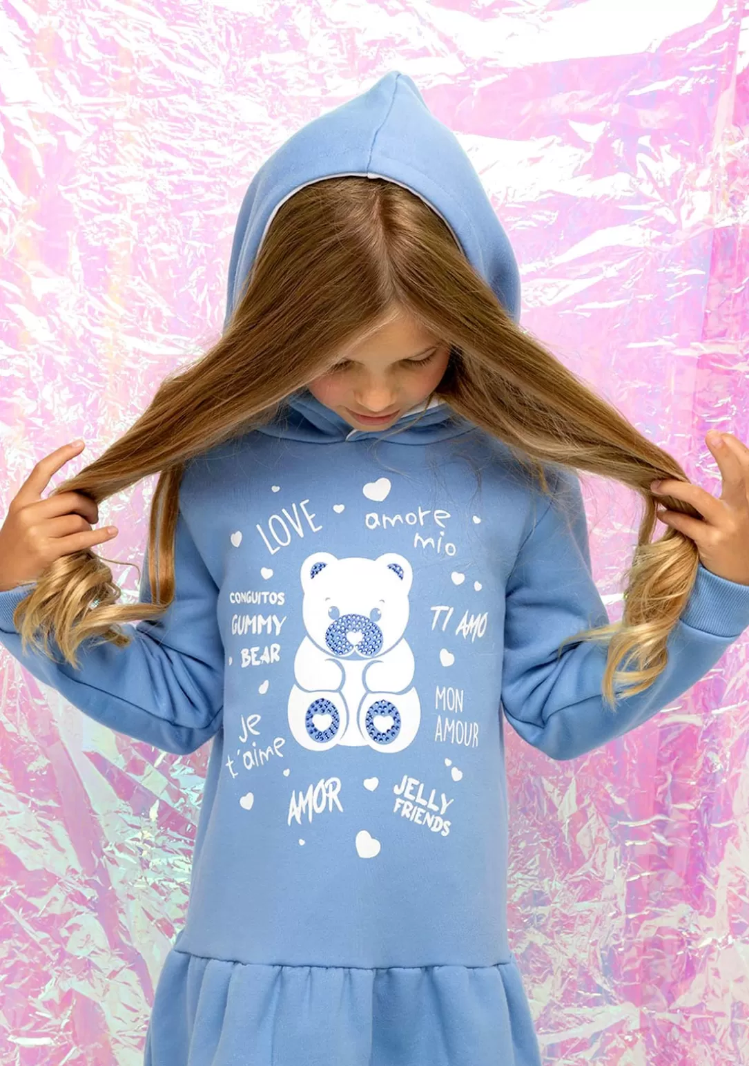 vestido_nia_capucha_osito_pedrera_azul_3.webp Conguitos Vestidos Sudadera | Vestidos^Vestido Niña Capucha Osito Pedrería Azul