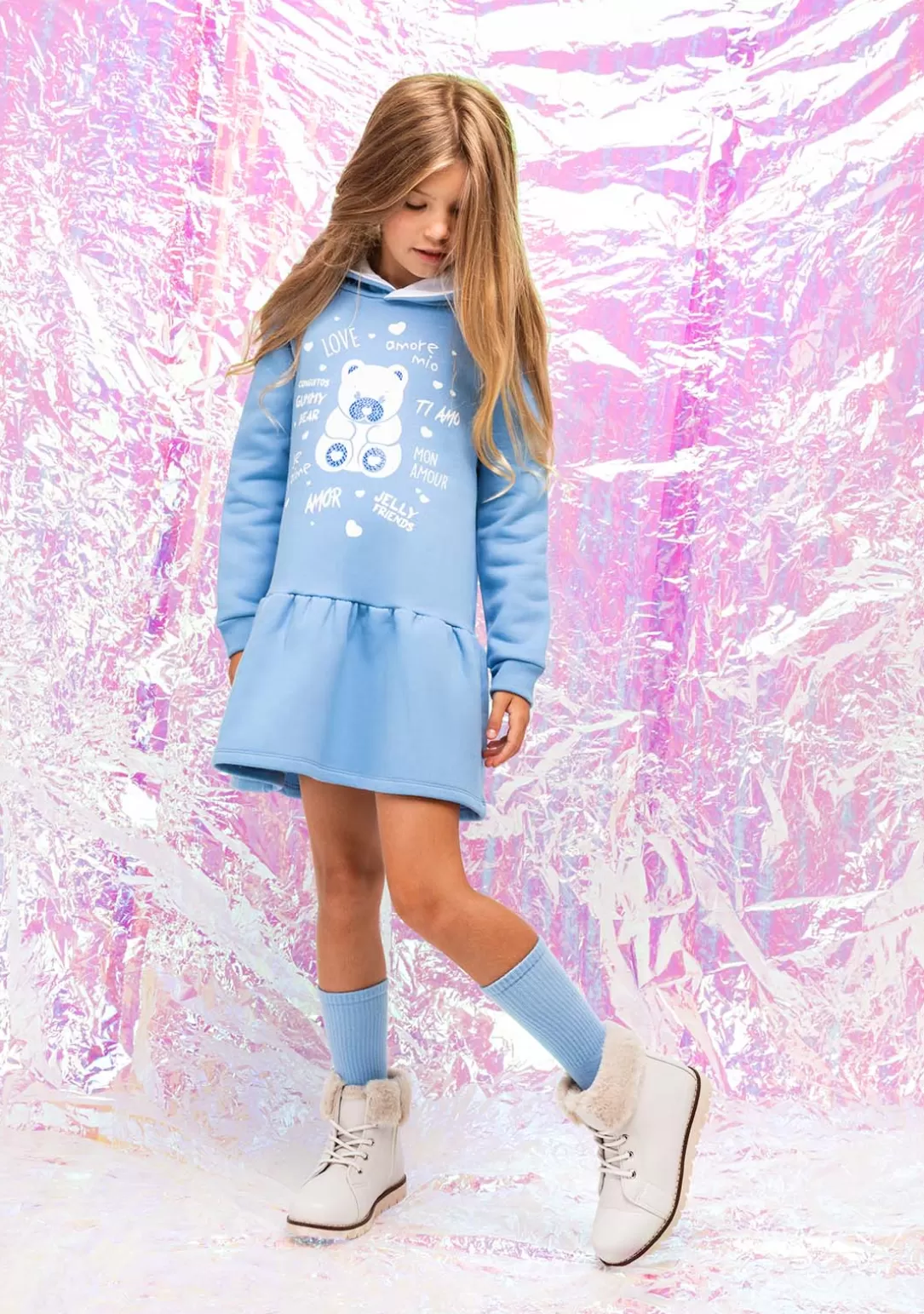 vestido_nia_capucha_osito_pedrera_azul_6.webp Conguitos Vestidos Sudadera | Vestidos^Vestido Niña Capucha Osito Pedrería Azul