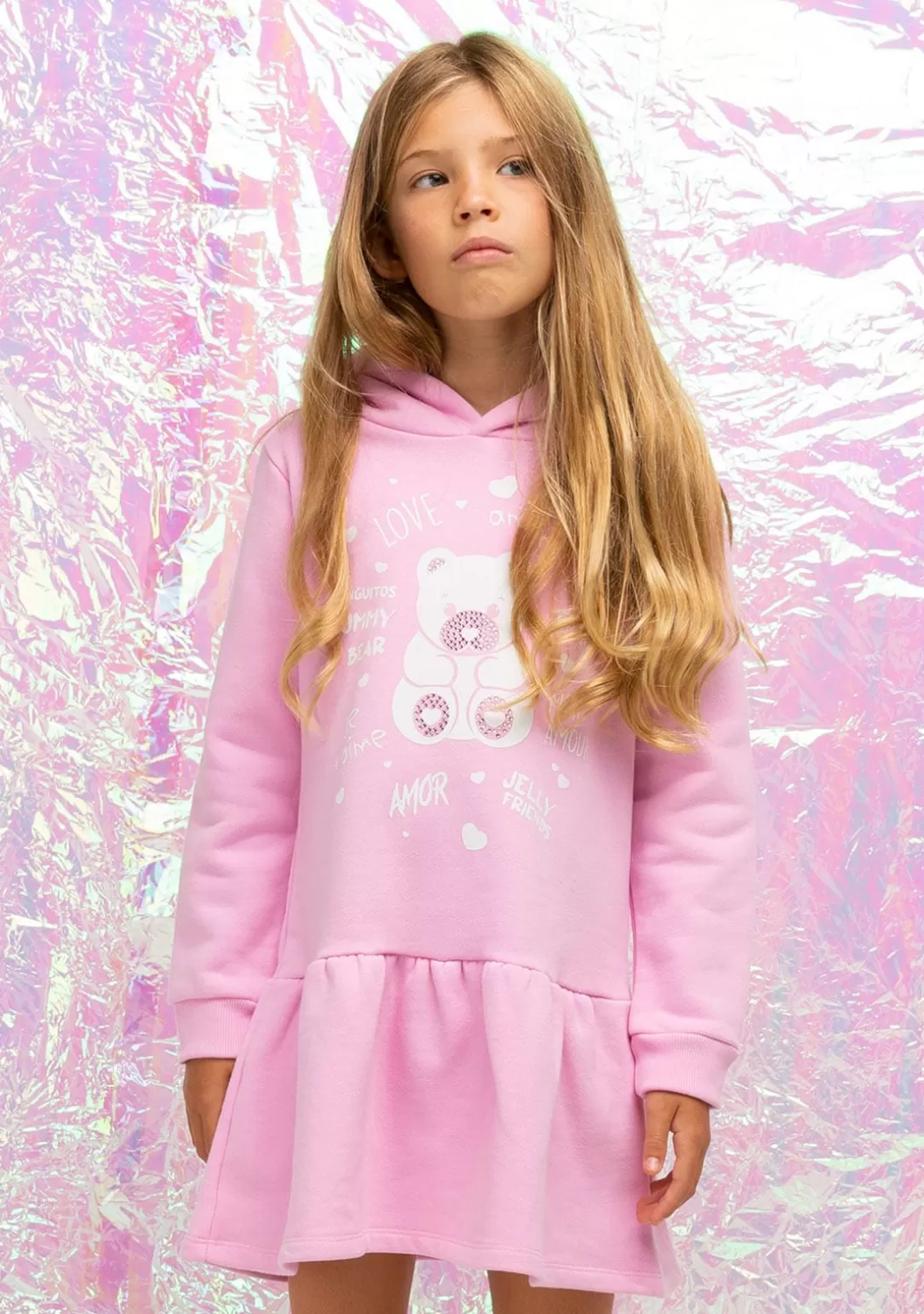 vestido_nia_capucha_osito_pedrera_rosa_3.webp Conguitos Vestidos Sudadera | Vestidos^Vestido Niña Capucha Osito Pedrería Rosa