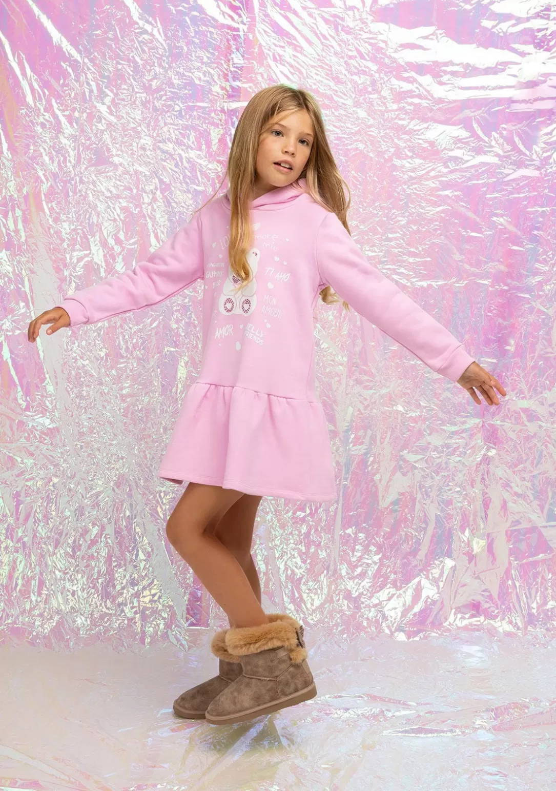 vestido_nia_capucha_osito_pedrera_rosa_5.webp Conguitos Vestidos Sudadera | Vestidos^Vestido Niña Capucha Osito Pedrería Rosa