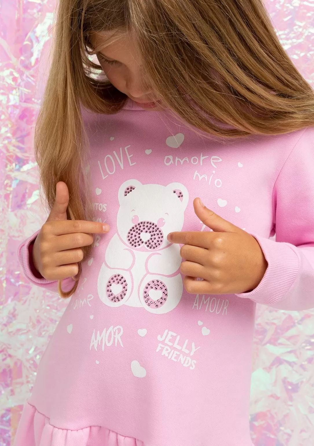 vestido_nia_capucha_osito_pedrera_rosa_7.webp Conguitos Vestidos Sudadera | Vestidos^Vestido Niña Capucha Osito Pedrería Rosa